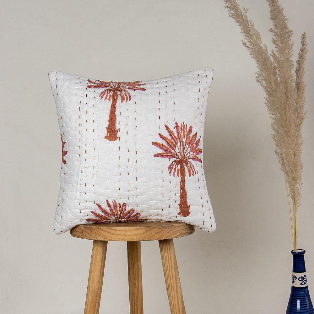 Luxury Brown Palm Tree Printed Kantha Quilted Cushion Pattern